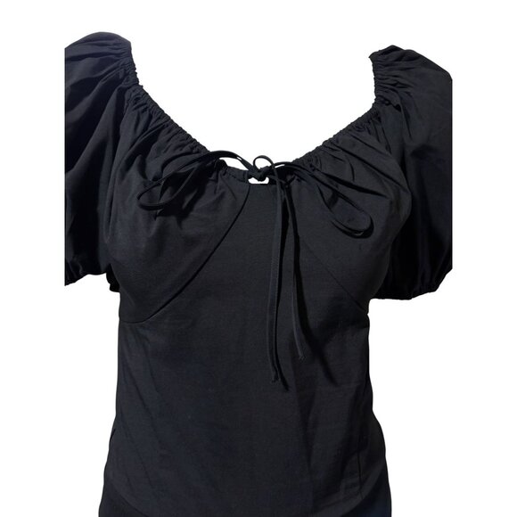 New Express Bodysuit S Puff Sleeves Poplin Bow Off Shoulder Goth Twee Minimalist - Picture 2 of 6